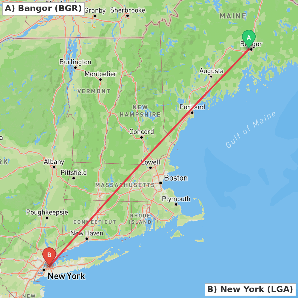 Flight route map from Bangor to New York