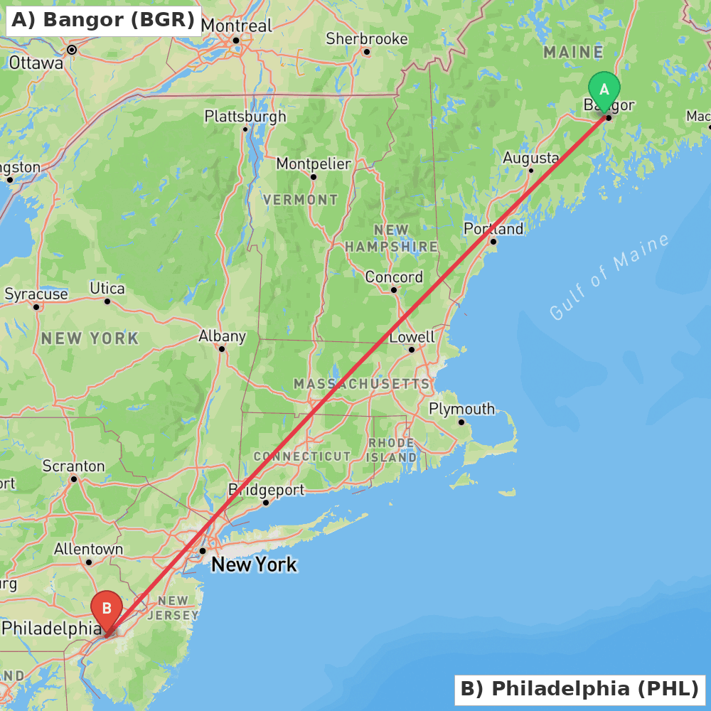 Flight route map from Bangor to Philadelphia