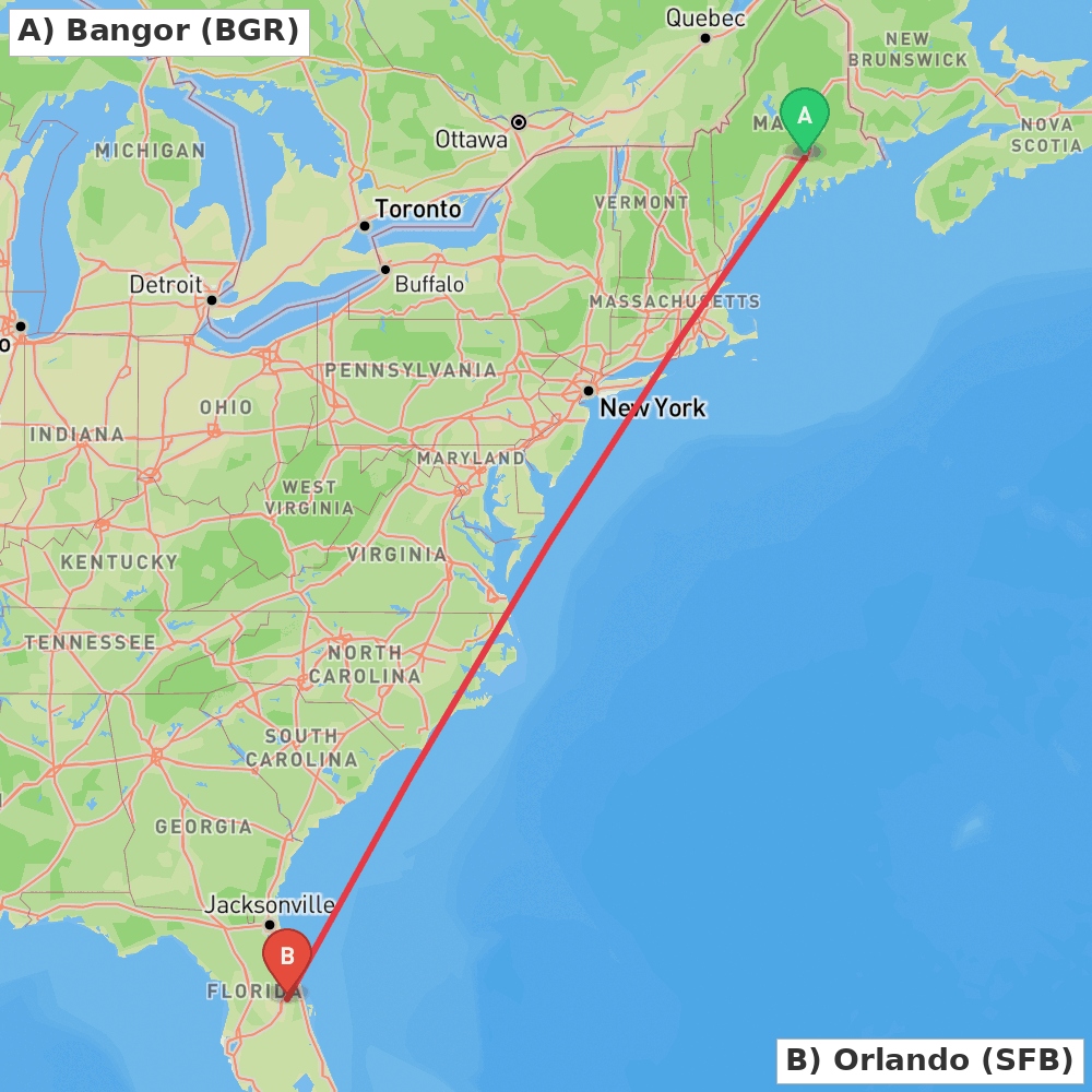 Flight route map from Bangor to Orlando