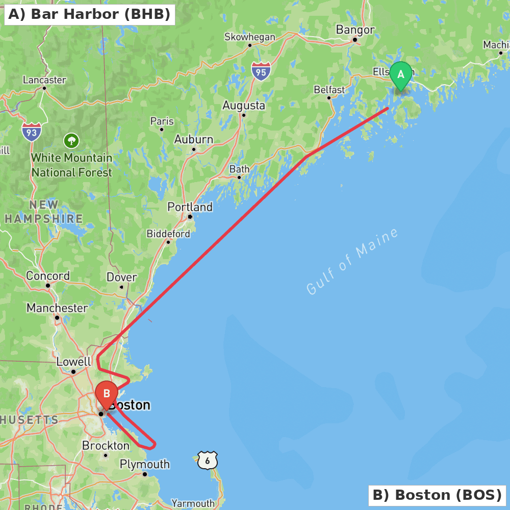 Flight route map from Bar Harbor to Boston