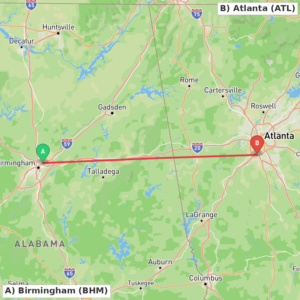 Flight route map from Birmingham to Atlanta