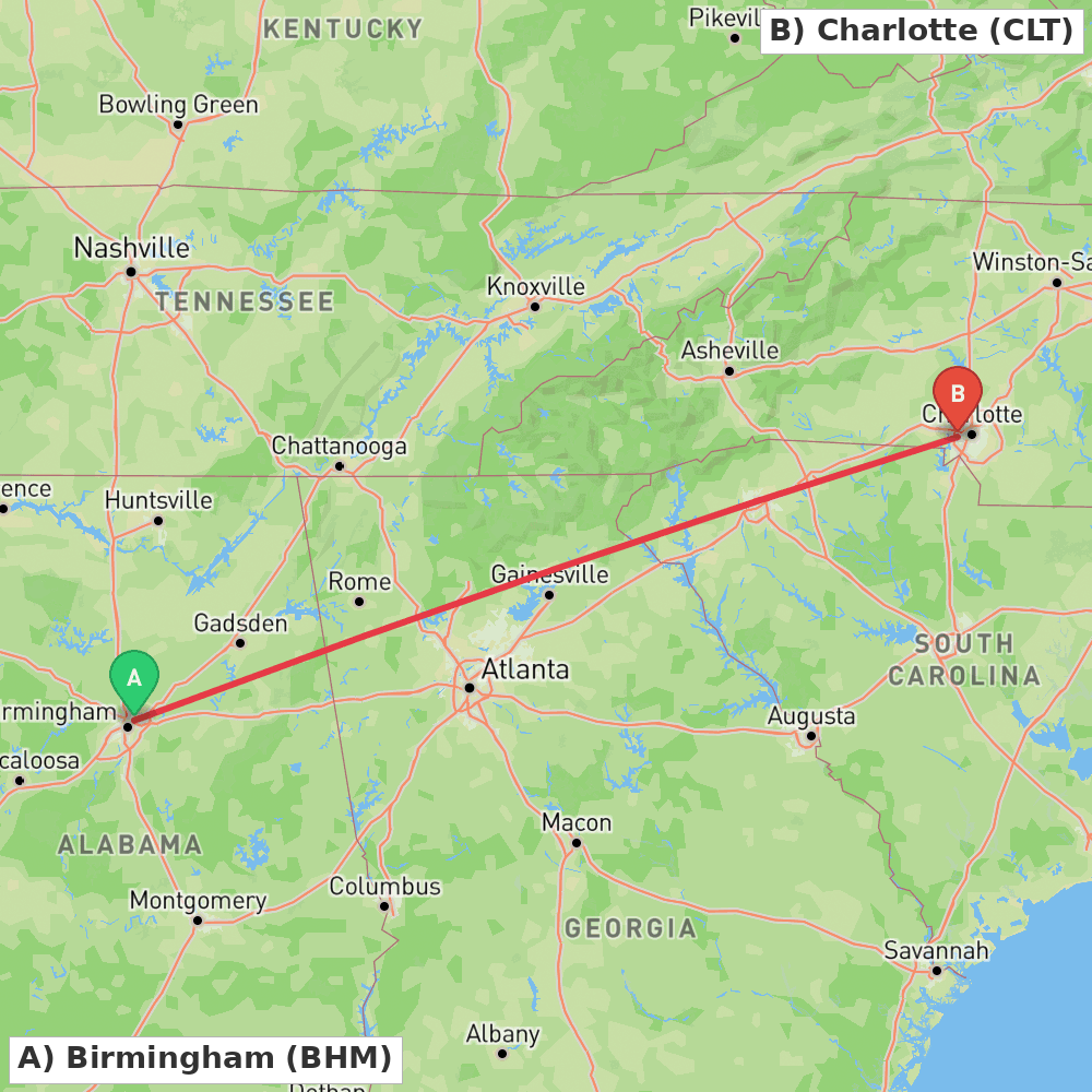Flight route map from Birmingham to Charlotte