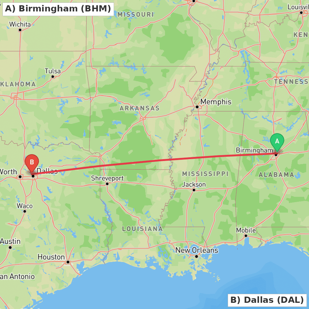 Flight route map from Birmingham to Dallas