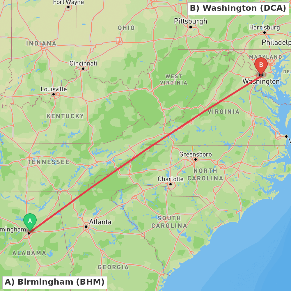 Flight route map from Birmingham to Washington