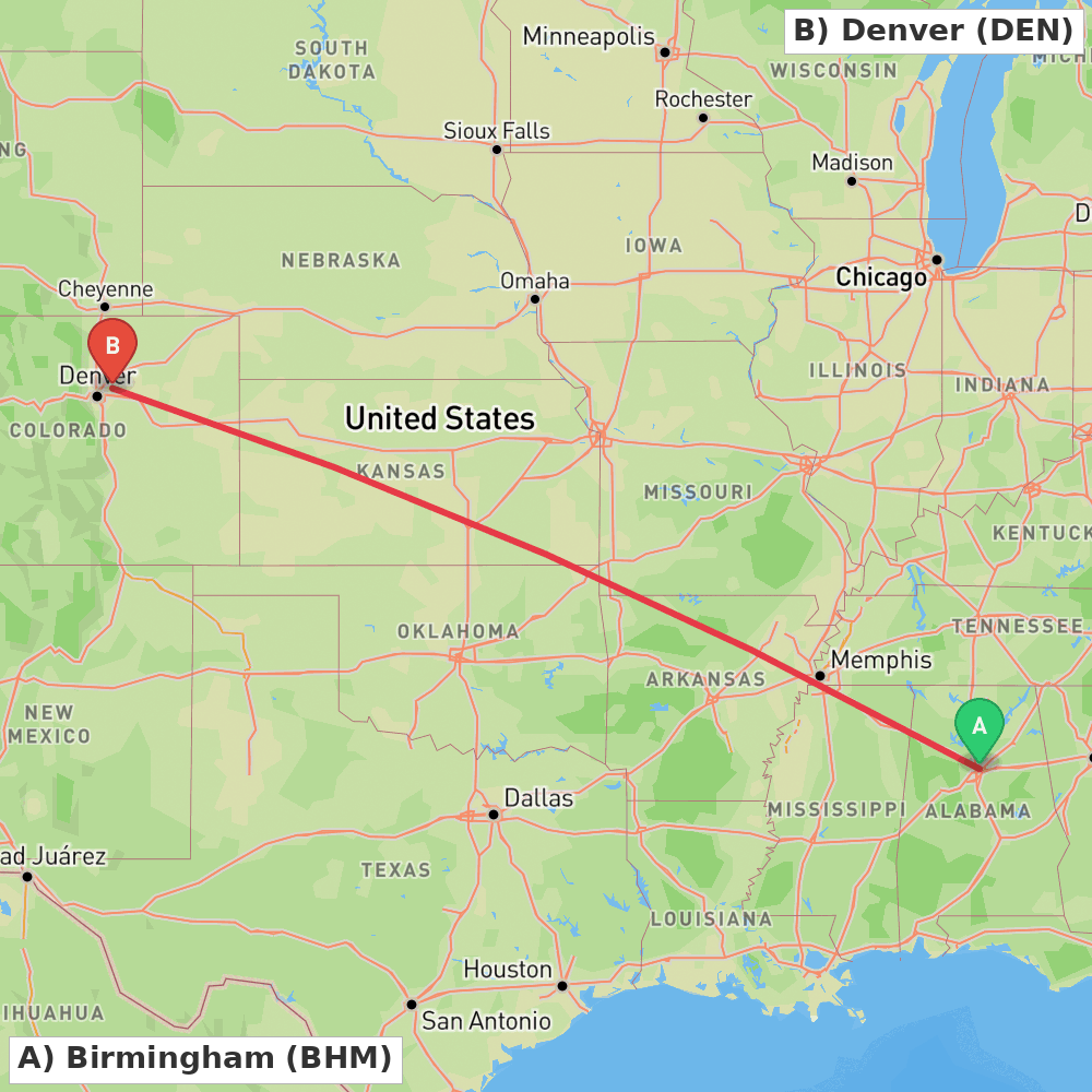 Flight route map from Birmingham to Denver
