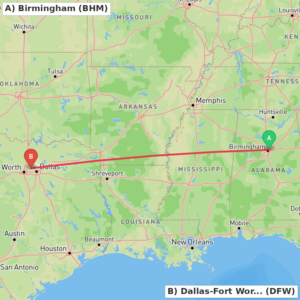 Flight route map from Birmingham to Dallas-Fort Worth