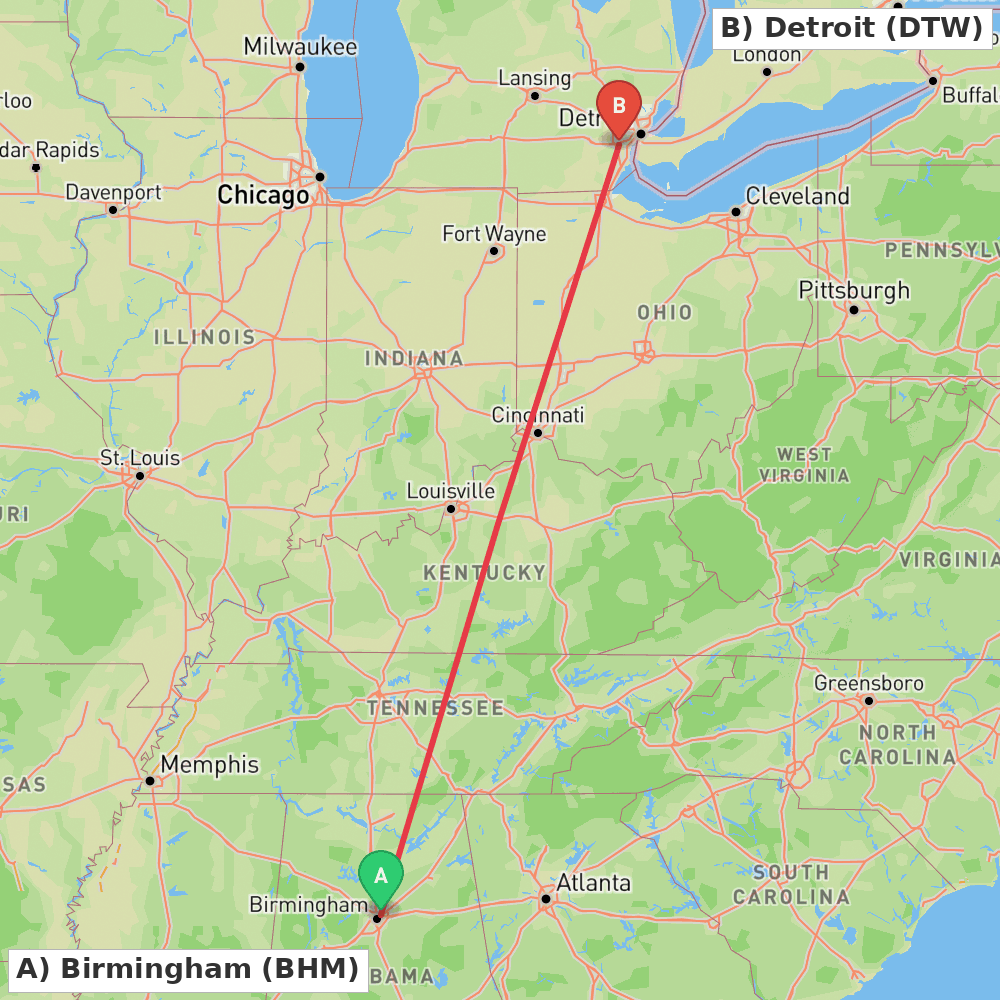 Flight route map from Birmingham to Detroit