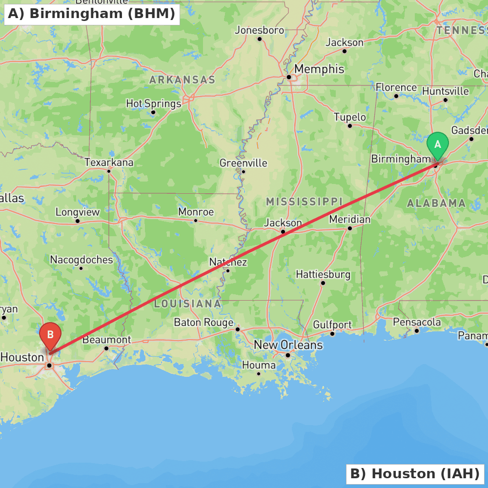 Flight route map from Birmingham to Houston