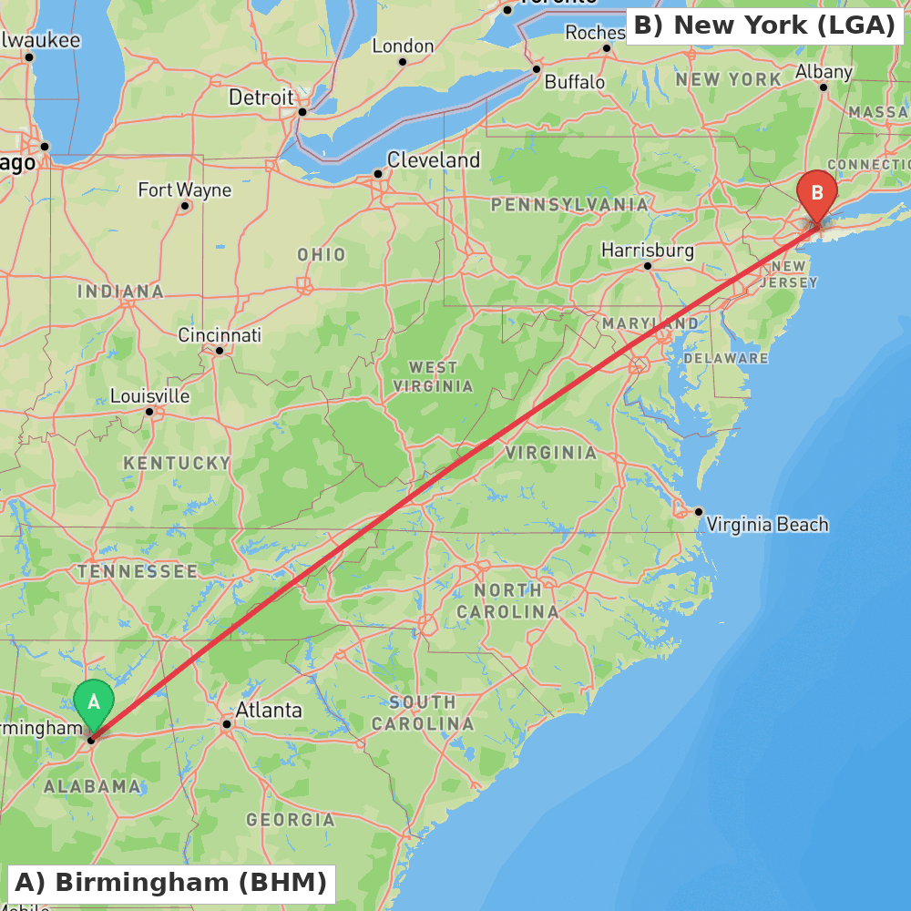 Flight route map from Birmingham to New York