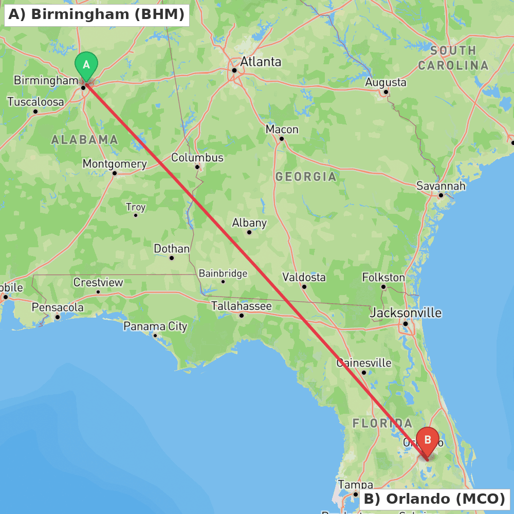 Flight route map from Birmingham to Orlando