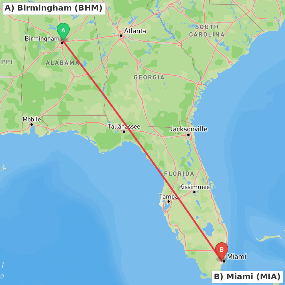 Flight route map from Birmingham to Miami