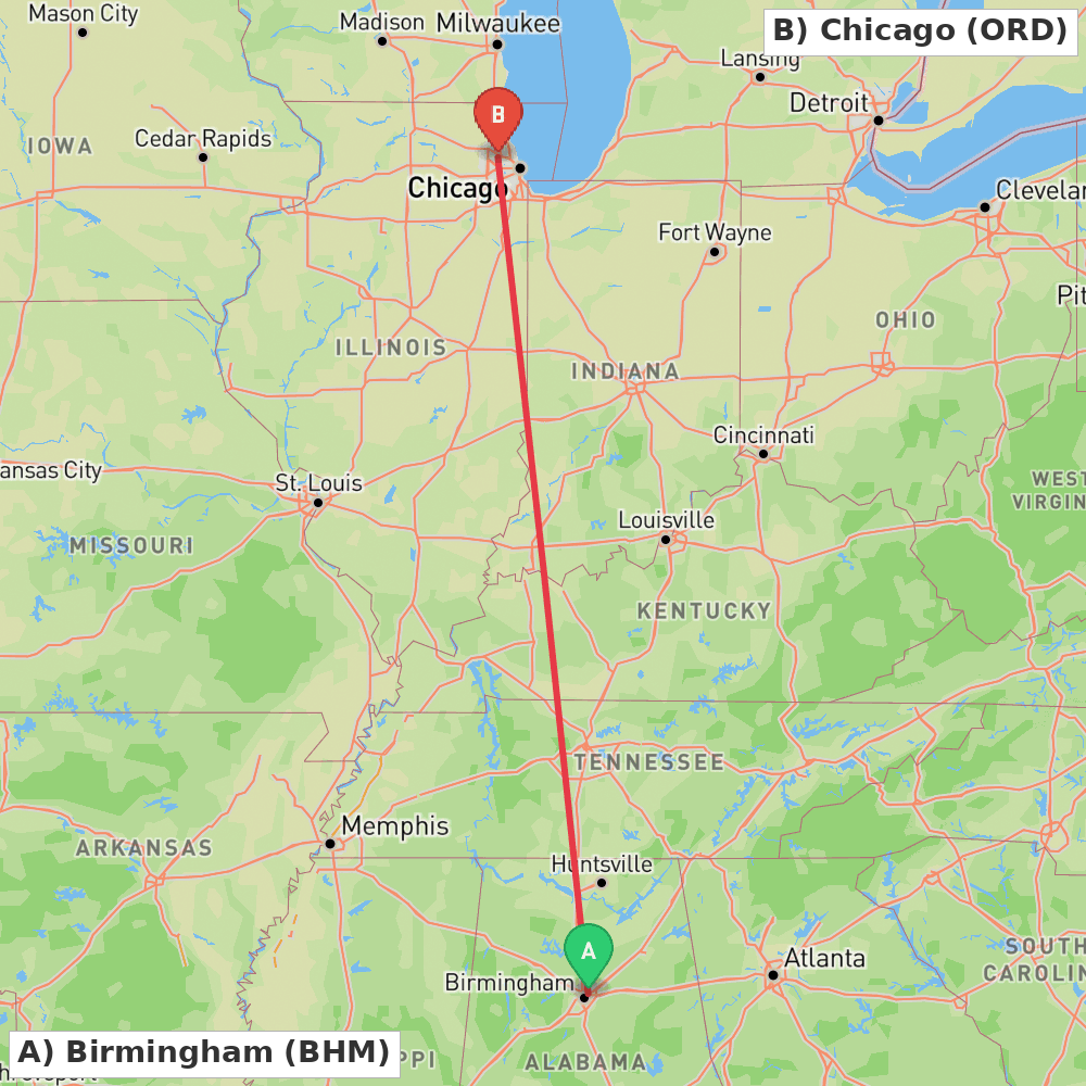 Flight route map from Birmingham to Chicago