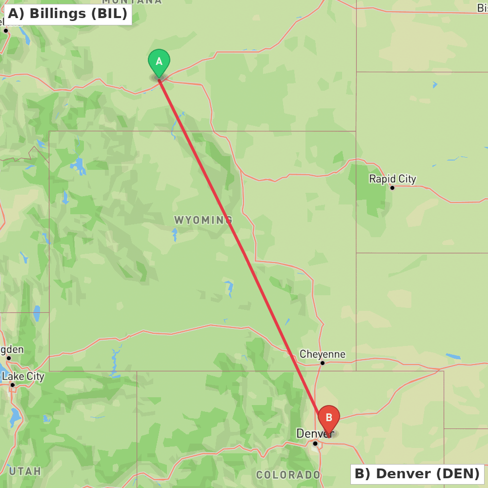 Flight route map from Billings to Denver