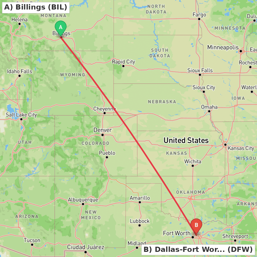 Flight route map from Billings to Dallas-Fort Worth