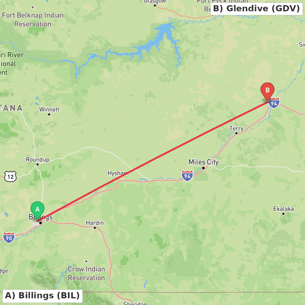 Flight route map from Billings to Glendive