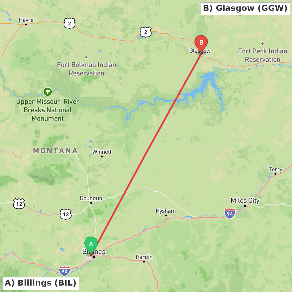 Flight route map from Billings to Glasgow