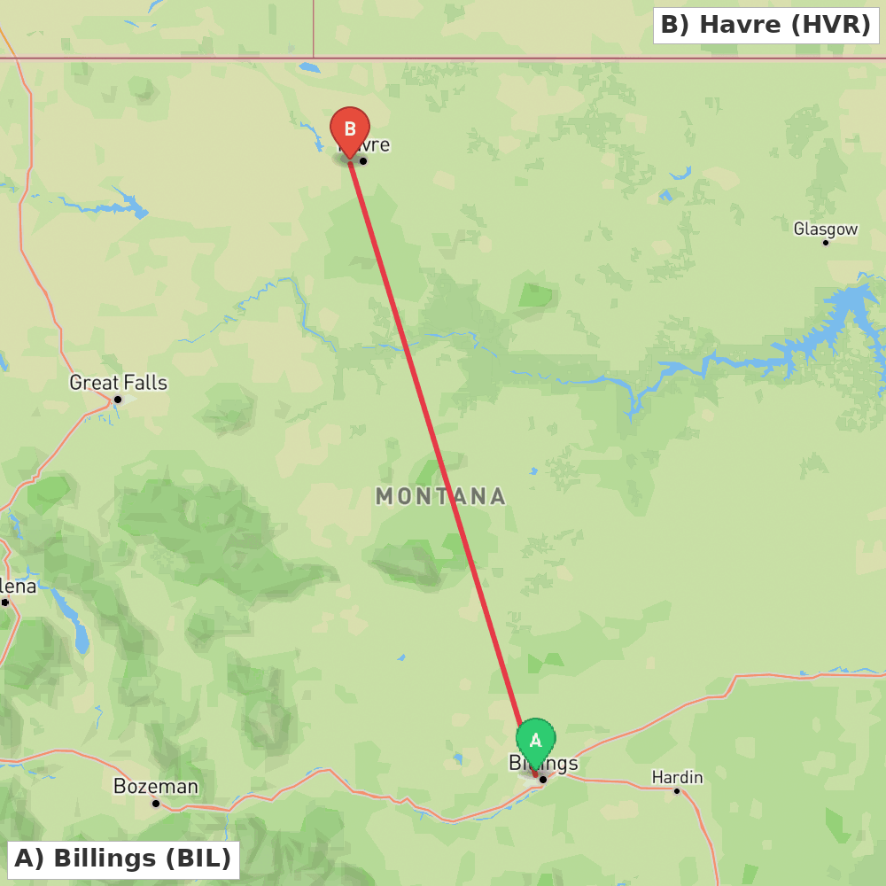Flight route map from Billings to Havre