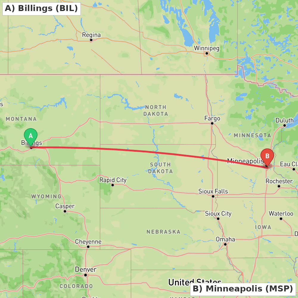 Flight route map from Billings to Minneapolis