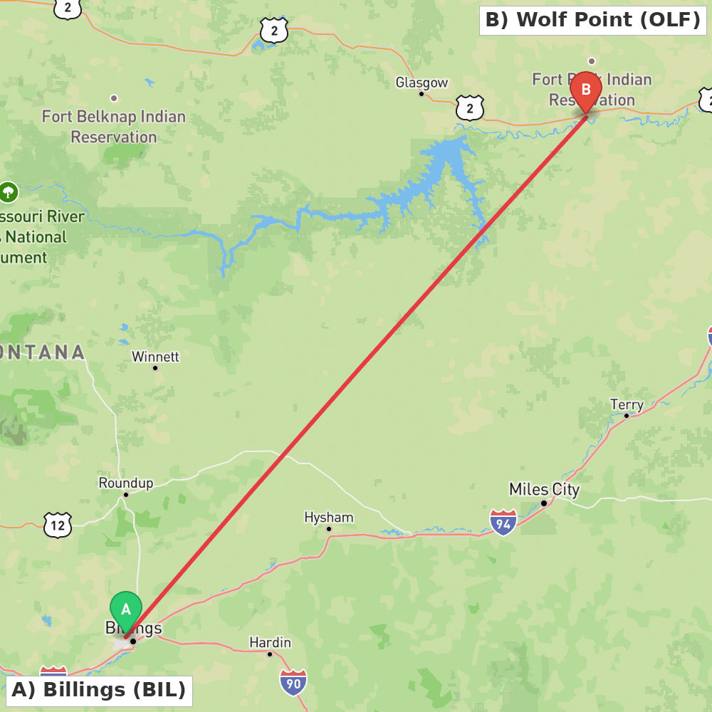 Flight route map from Billings to Wolf Point