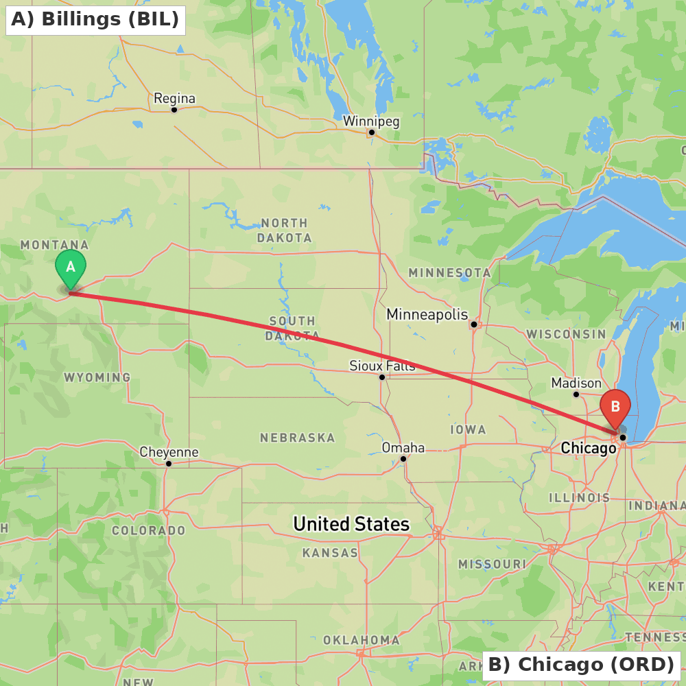 Flight route map from Billings to Chicago