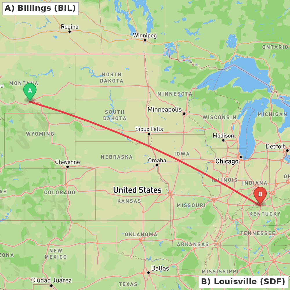 Flight route map from Billings to Louisville