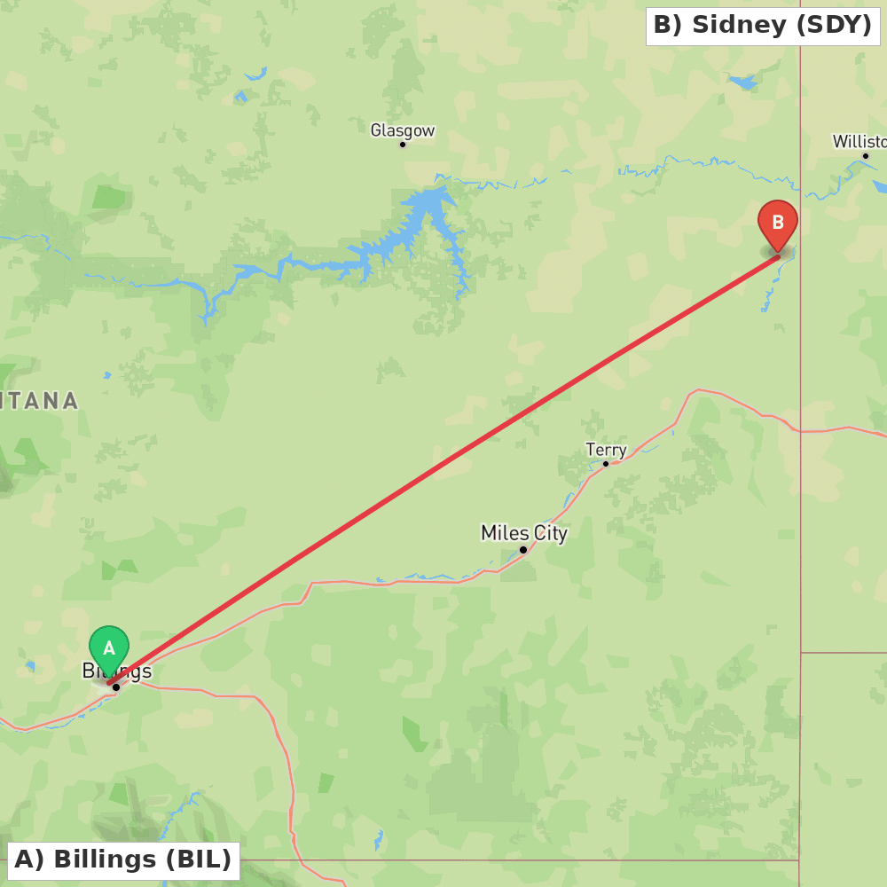Flight route map from Billings to Sidney