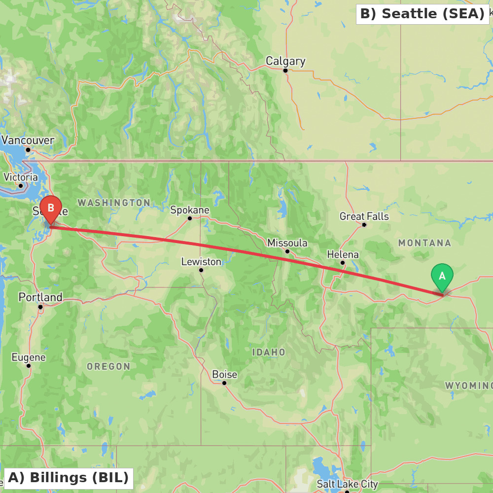 Flight route map from Billings to Seattle