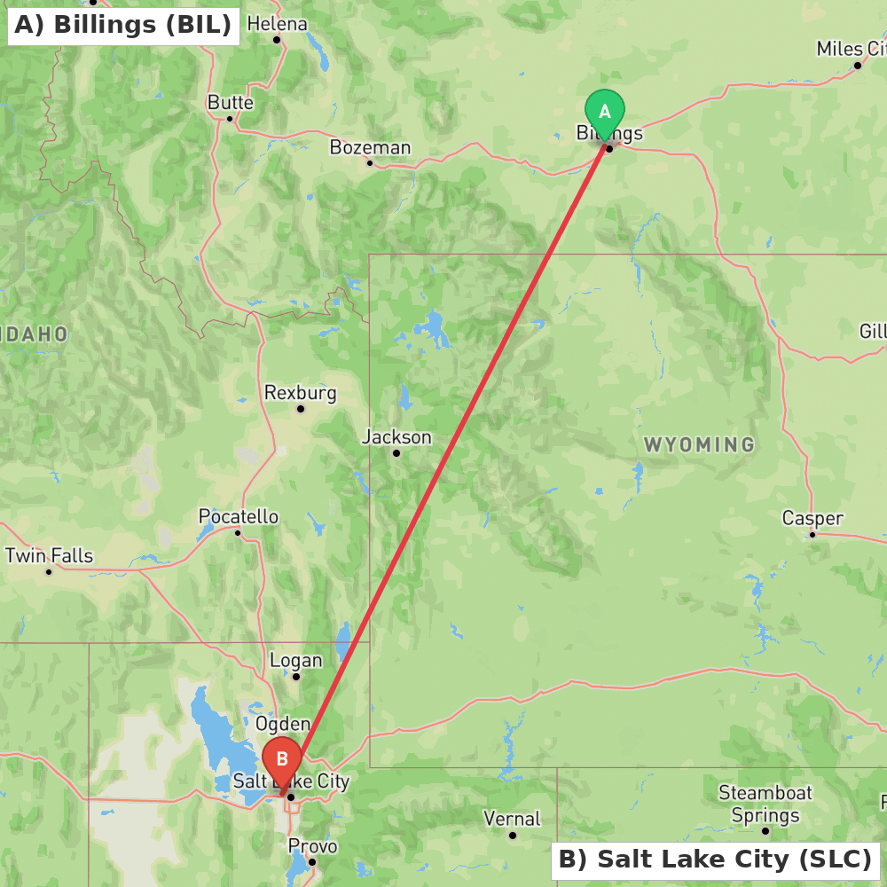 Flight route map from Billings to Salt Lake City