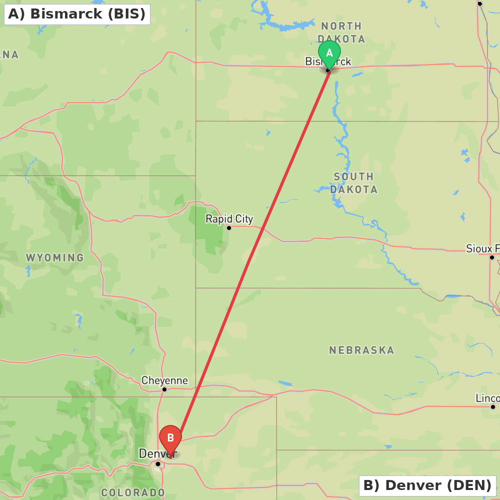 Flight route map from Bismarck to Denver