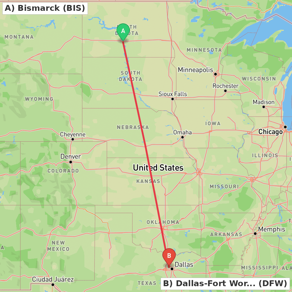 Flight route map from Bismarck to Dallas-Fort Worth