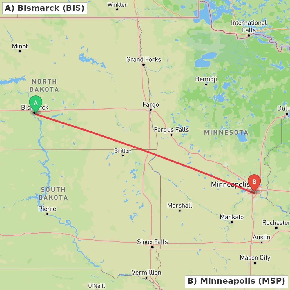 Flight route map from Bismarck to Minneapolis
