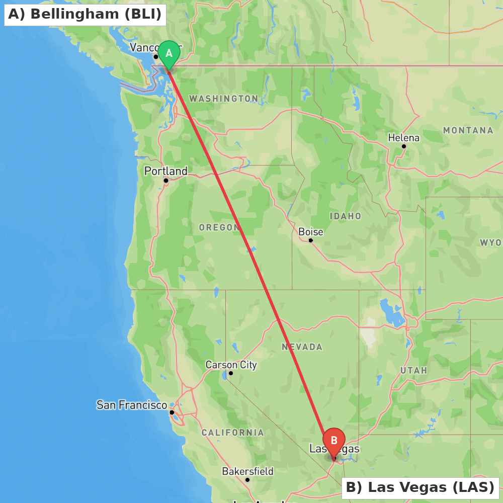 Flight route map from Bellingham to Las Vegas