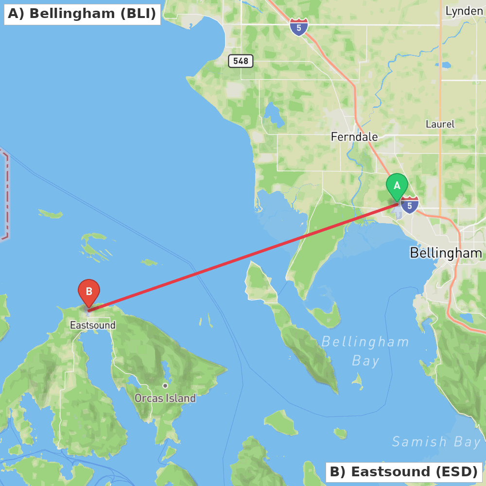 Flight route map from Bellingham to Eastsound