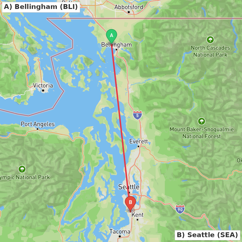 Flight route map from Bellingham to Seattle