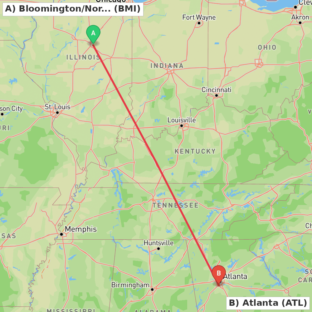 Flight route map from Bloomington/Normal to Atlanta
