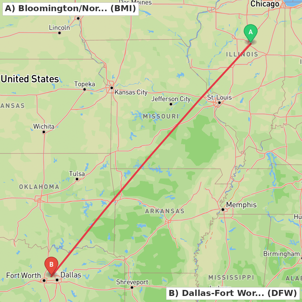 Flight route map from Bloomington/Normal to Dallas-Fort Worth