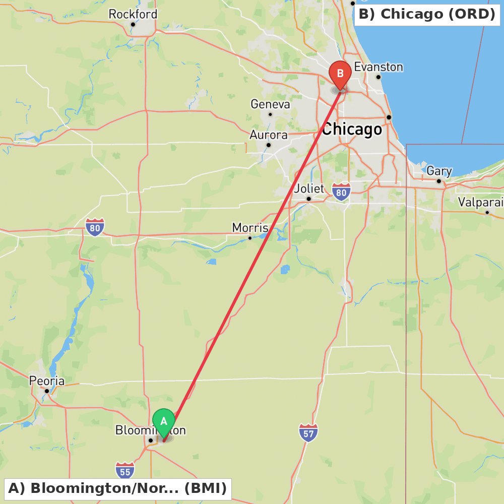 Flight route map from Bloomington/Normal to Chicago