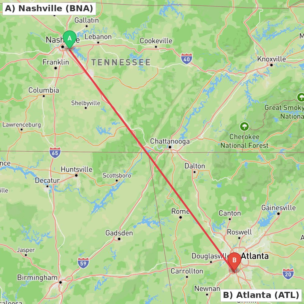Flight route map from Nashville to Atlanta