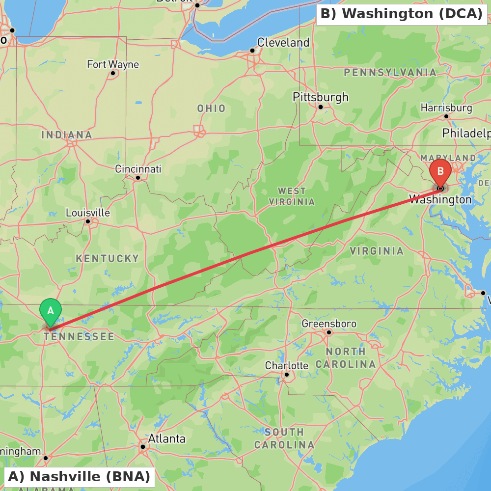 Flight route map from Nashville to Washington