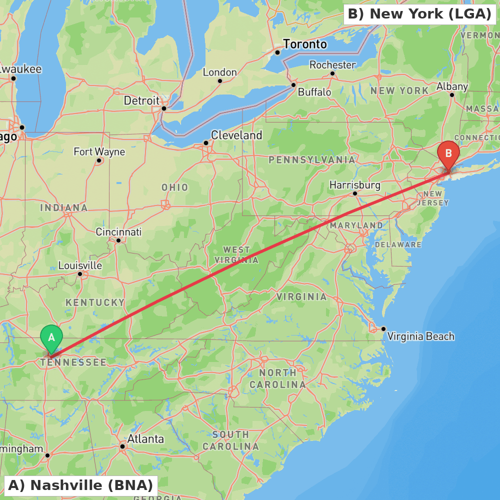 Flight route map from Nashville to New York