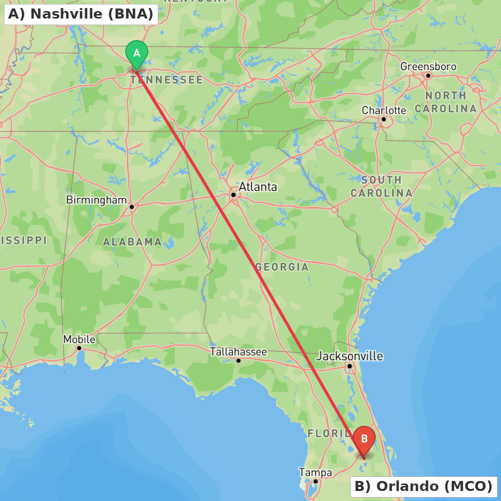 Flight route map from Nashville to Orlando
