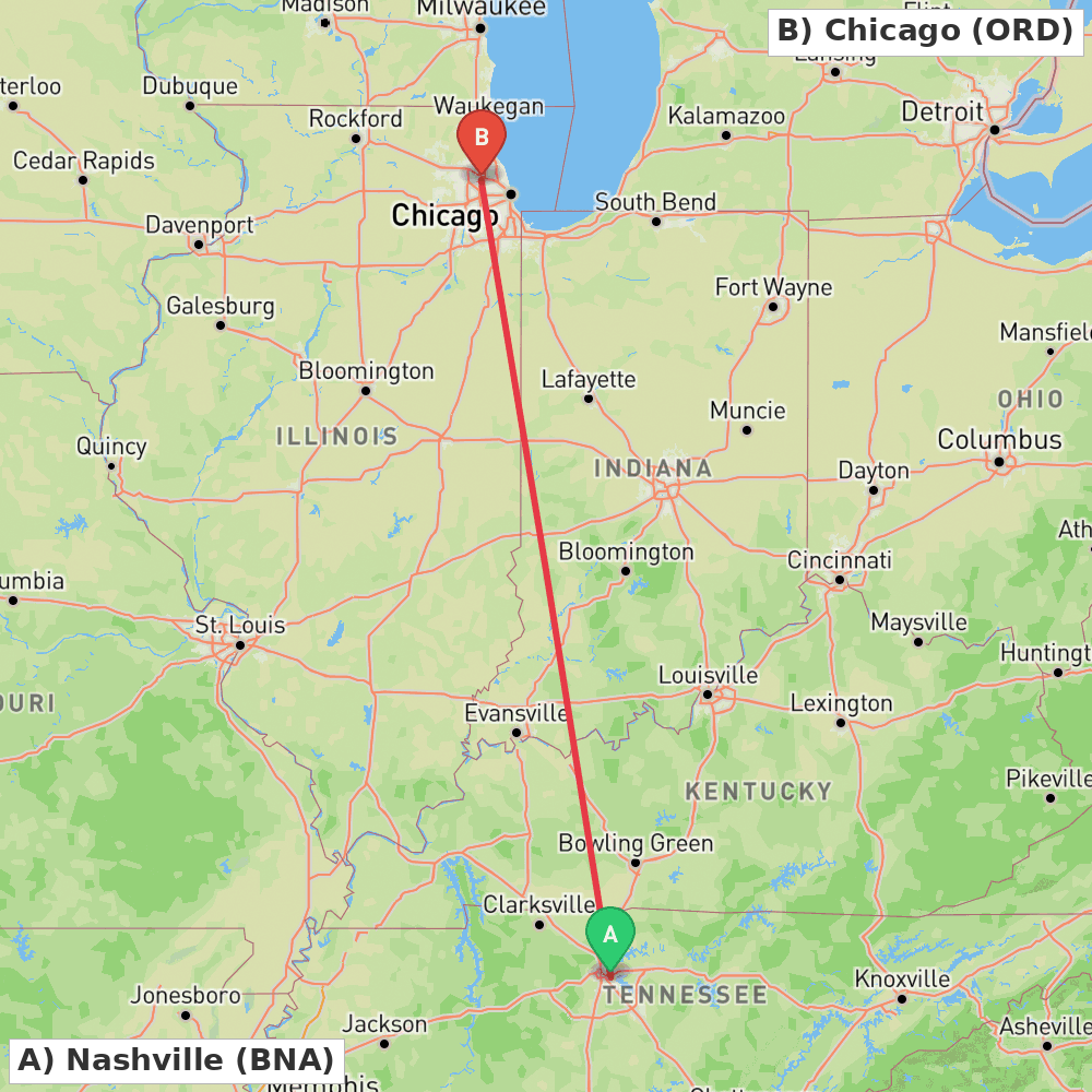 Flight route map from Nashville to Chicago