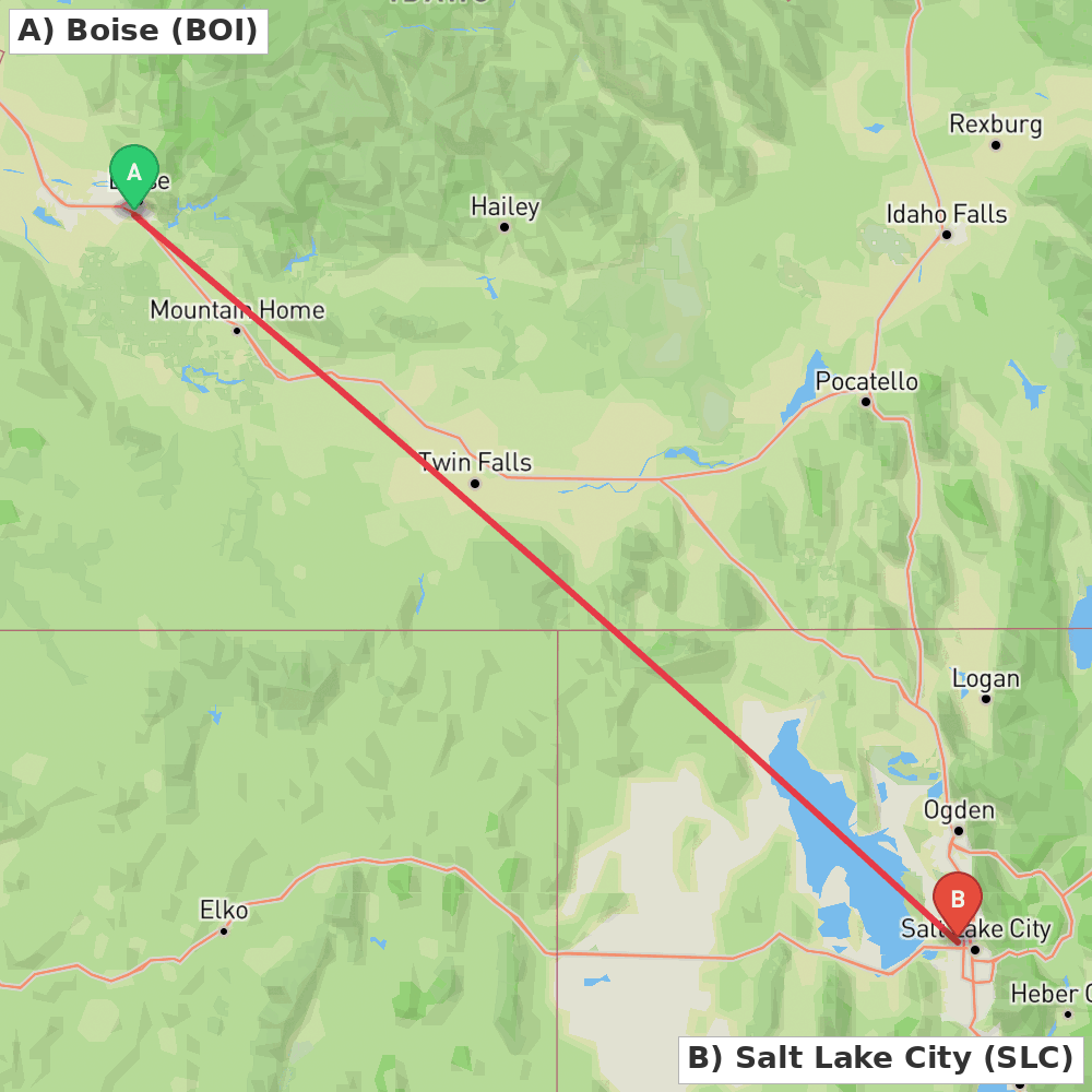 Flight route map from Boise to Salt Lake City