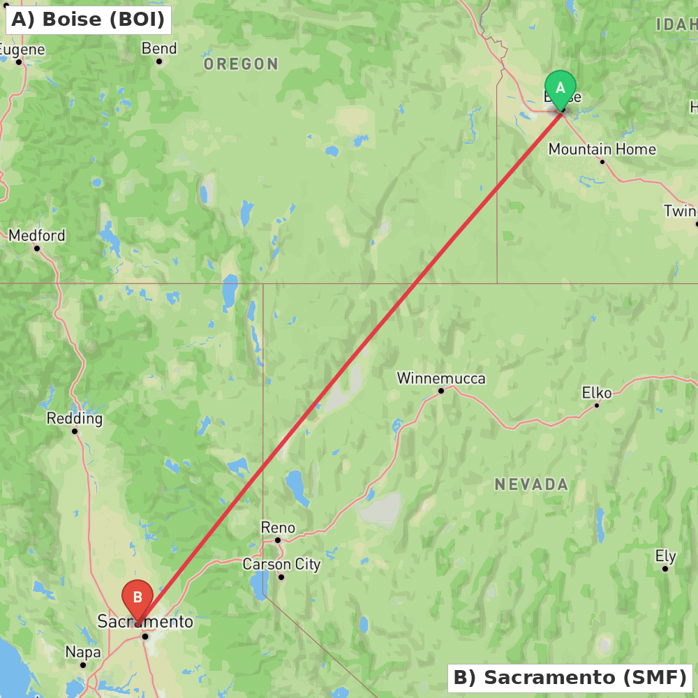 Flight route map from Boise to Sacramento