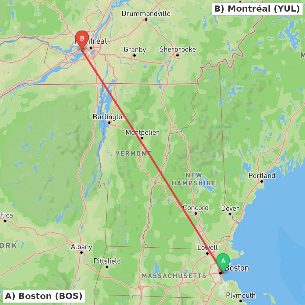 Flight route map from Boston to Montréal