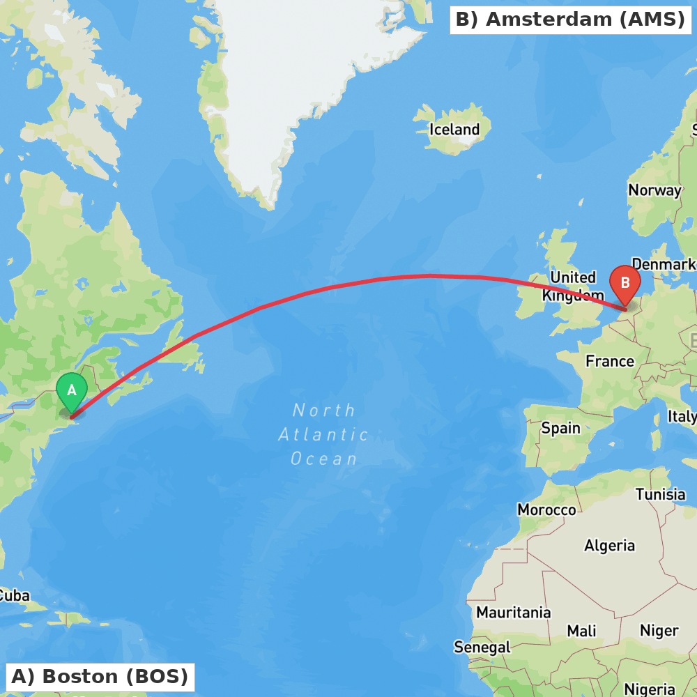 Flight route map from Boston to Amsterdam