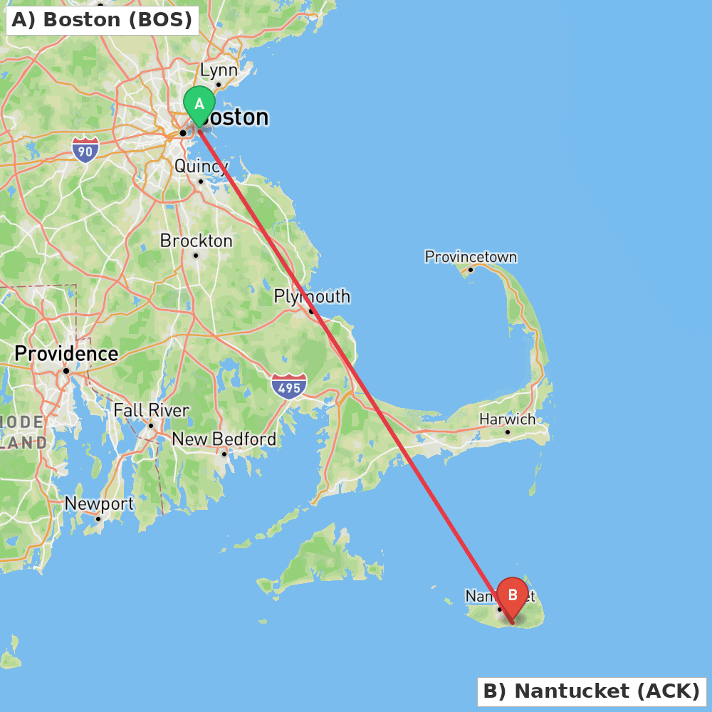 Flight route map from Boston to Nantucket