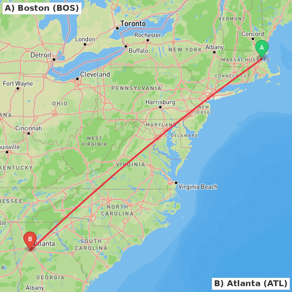 Flight route map from Boston to Atlanta