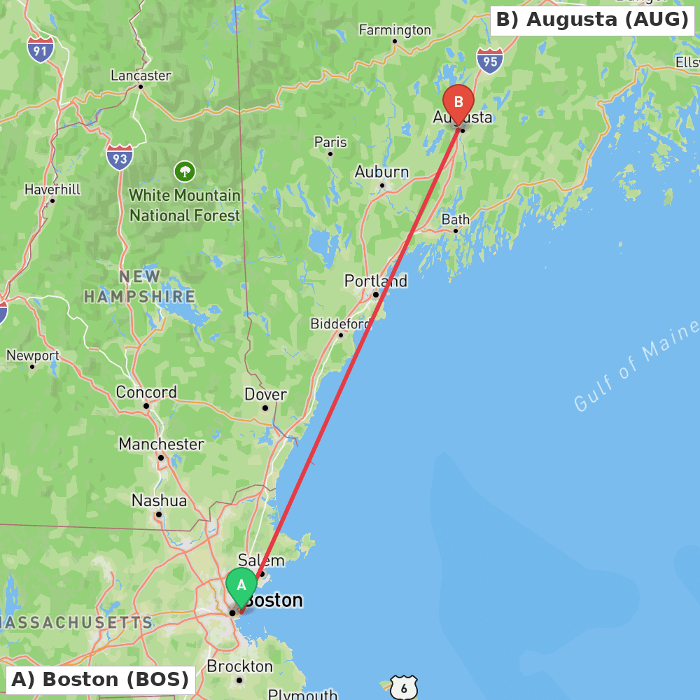 Flight route map from Boston to Augusta