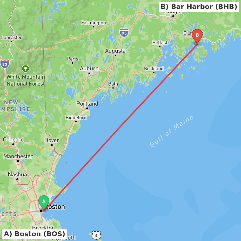 Flight route map from Boston to Bar Harbor